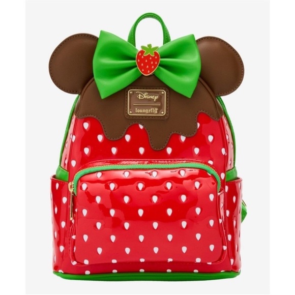 NEW! Loungefly Minnie Mouse Chocolate Dipped Strawberry Ears Backpack w/ scented